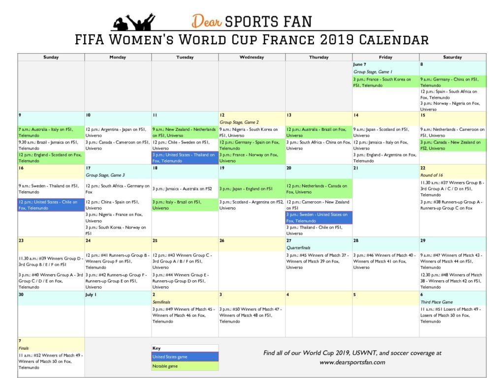 World Cup 2019 Printable, Downloadable Calendar and Game Schedule