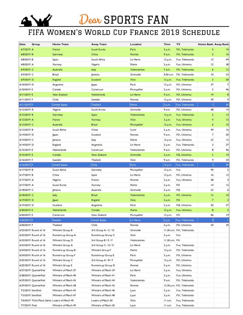 World Cup 2019 Printable, Downloadable Calendar and Game Schedule